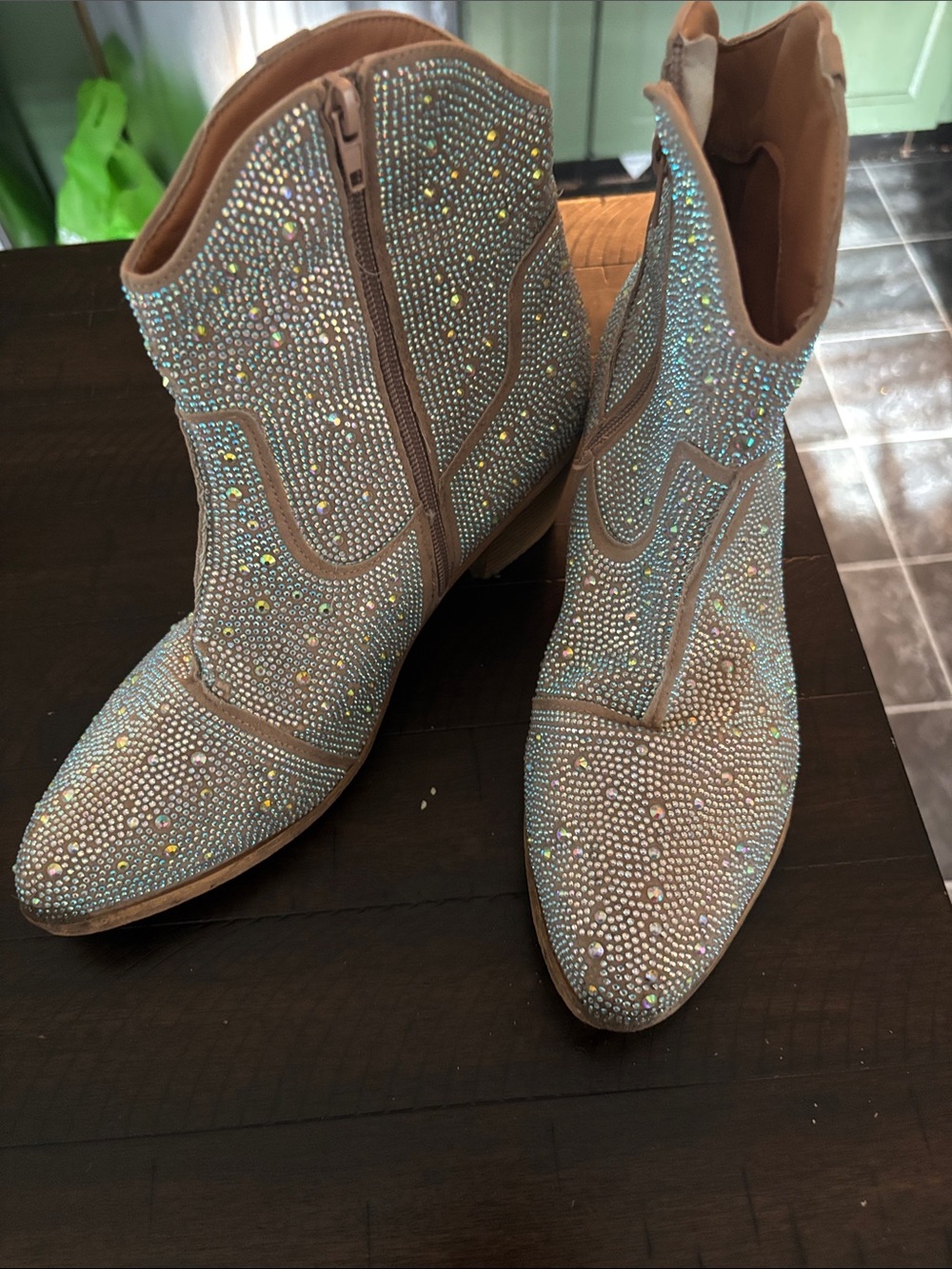 Amazon Taupe Rhinestone Ankle Booties